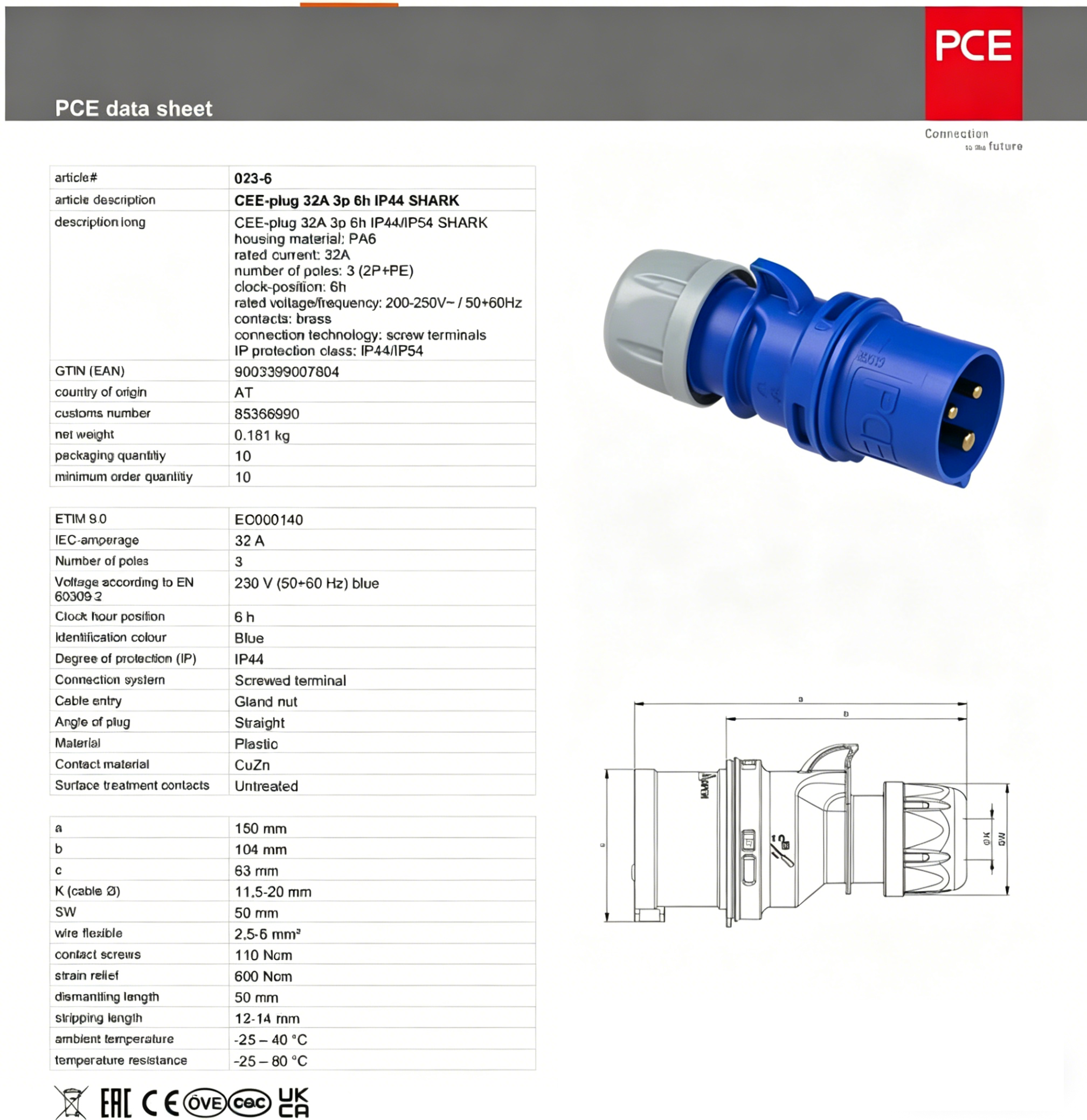 Original Brand New PCE Typ 023 Industrial Plug with Socket Connector | 32A 250V 3-Pin IP44 Plastic | Austrian Import