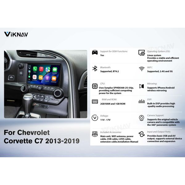 Viknav Linux Interface Box for Chevrolet Corvette C7 2013-2019 Wireless CarPlay Decoder Android Auto GPS Navigatipn Original Car Radio Screen