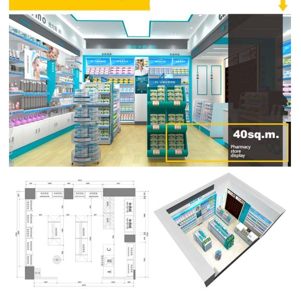 Голубое хранение фармации полок дисплея фармации кладет на полку с двойной/одиночной стороной