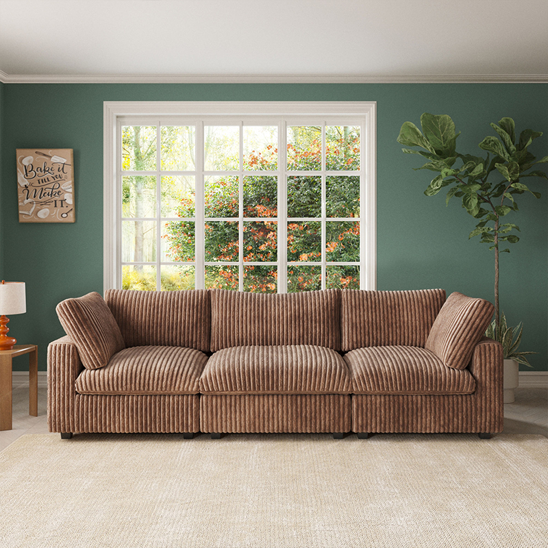 Custom Wood Frame Corner Sofa Modular Sectional Sofa Set Brown Corduroy Fabric Sponge 3 Seater Could Couch for Living Room
