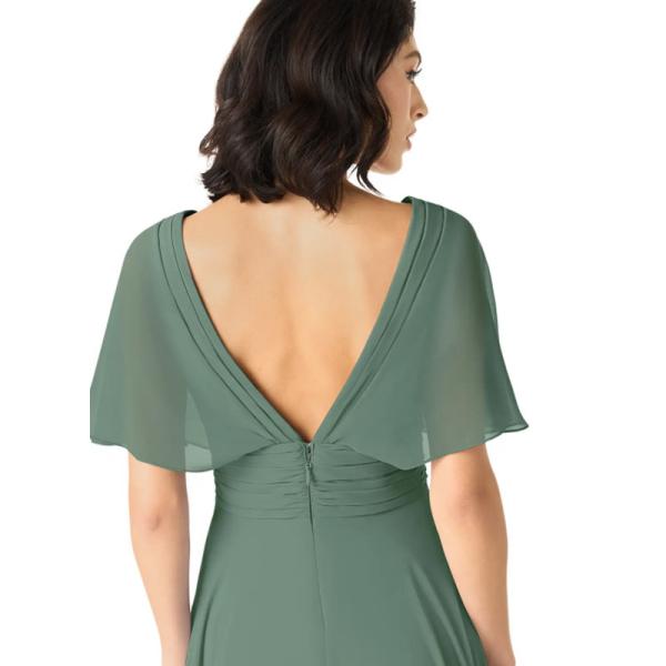 Vintage Elegant A-Line V-Neck Pleated Chiffon Floor-Length Bridesmaid Dress V-back Short Sleeves Pleated