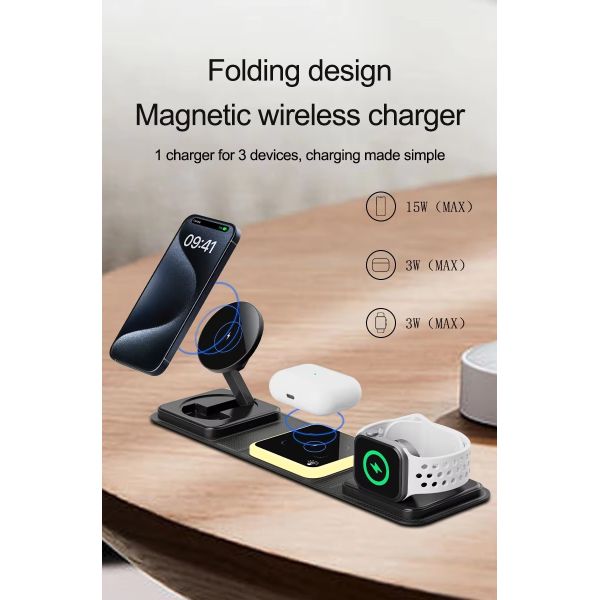 Wireless 3 In 1 Foldable Magnetic Charger Stand 15W Fast Quick Charging 20W Output Power For Earphones
