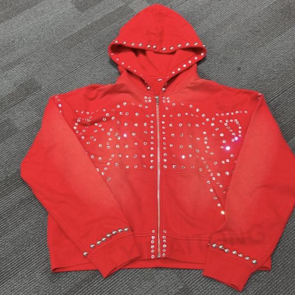 Streetwear Rhinestone Men Hoodie Custom Sun Faded Diamond Baggy Jacket