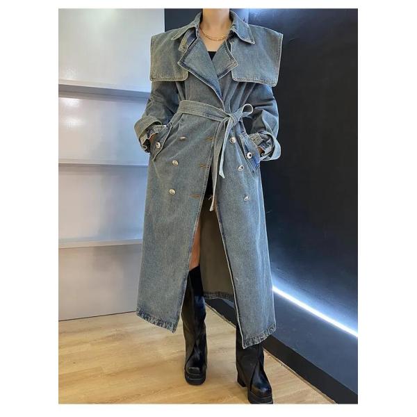                  High End Fashion Winter Loose Blue Denim Jacket Windbreaker Trench Ladies Long Coat for Women             