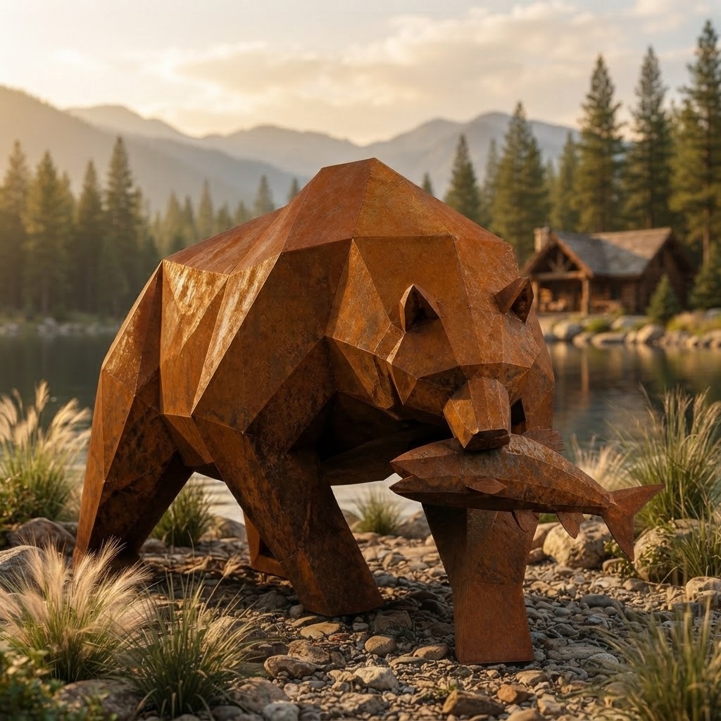 Large Corten Steel Grizzly Bear Sculpture Low Poly Geometric Bear With Fish Statue Outdoor Garden Decor Rusted Metal Lawn Art