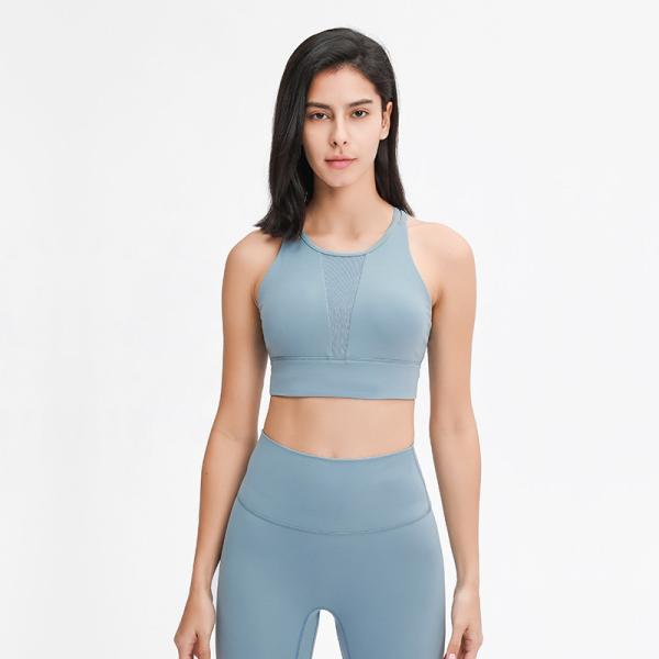 Mesh Stitching Womens Sports Bra Pull Round High Neck Gathered Shockproof