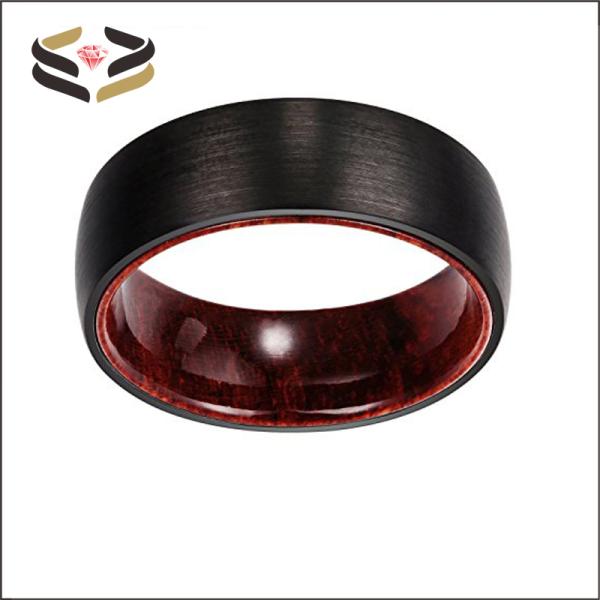 Anillo de Boda de Tungsteno Negro Brushed para Hombres de madera de rosa 8 mm con configuración invisible