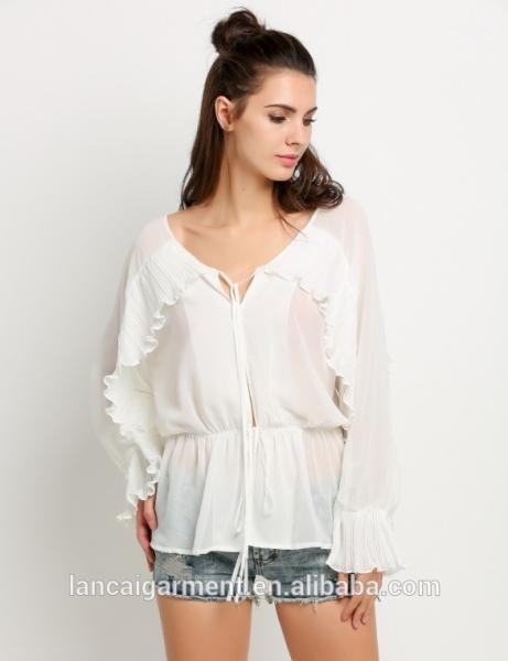 New Design Women Bat wing Long Sleeve Elastic Waist Ruffles Sheer Blouse Tops11