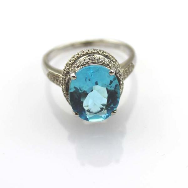 Fashion Jewelry 925 Silver Ring  9mmx11mm Blue Topaz CZ Diamonds Ring (R236)