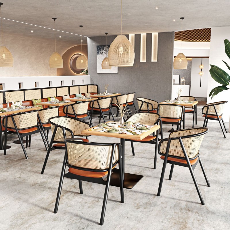 High Quality Modern Wood Seat Rattan Dining Chair,table and Booth Furniture for Restaurant
