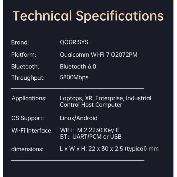 Qcalcomm QCC2072 Module Wi-Fi 7 Module Tri-Band 2.4/5/6GHz 5.8Gbps Rate M.2 PCie wifi Modules With VR/AR/Robot