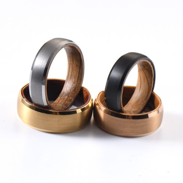 TRENDY Style 8mm 18K Gold Plating Tungsten Carbide Ring Wood Wedding Band with Rosewood Inner Beveled Edge Comfort Fit