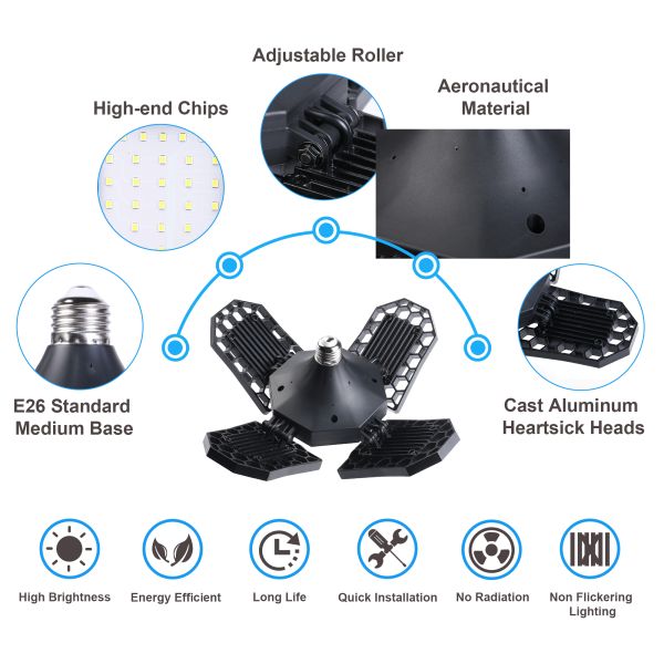 100W LED Deformable Garage Light Aluminum LED Garage Ceiling Lights IP66