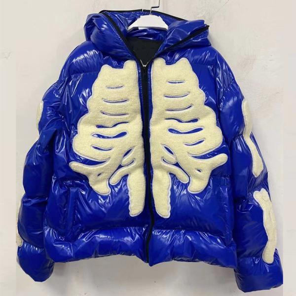 OEM Unisex Zip Up Hoodie Esqueleto personalizado bordado con cheniles Logotipo Puff Jacket a prueba de agua a prueba de viento burbuja con cierre completo chaqueta hombre