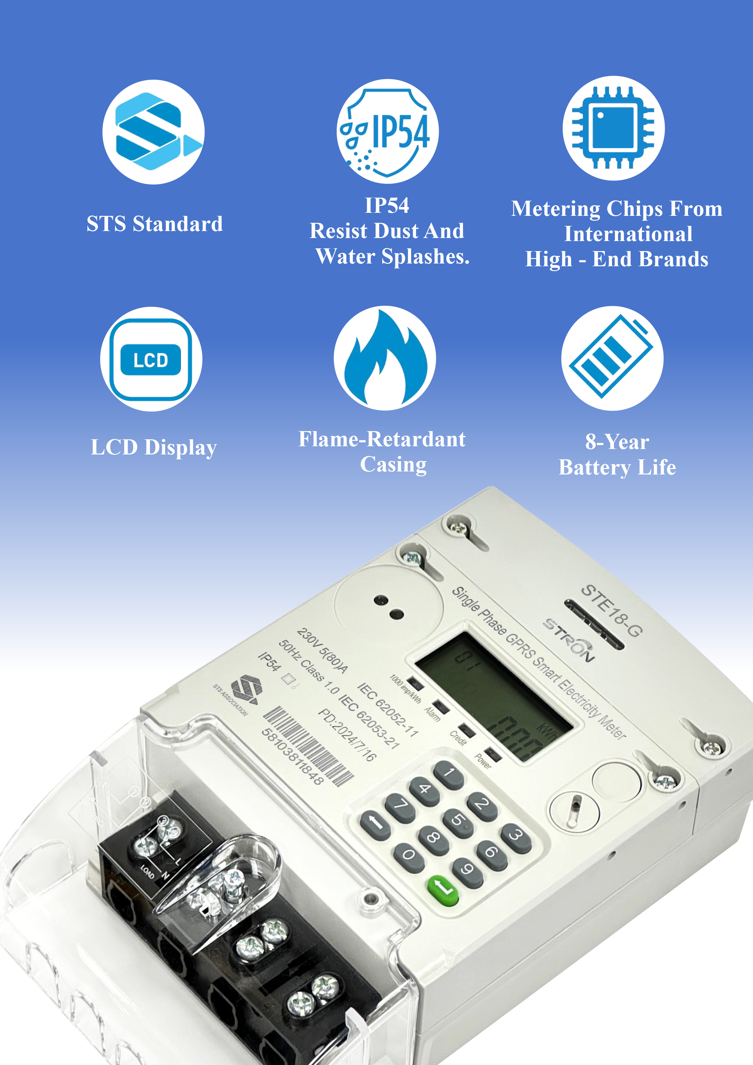 Smart Prepaid Electricity Meter STE18G with IP54 Protection Multi Tariff Anti Tamper and Power Limit Features for Energy Management