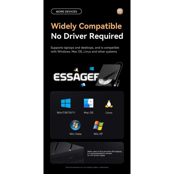 USB 3.0 Type C External CD DVD Reader Writer For Pc Laptop, High Speed Optical Drive Reader Burner ESSAGER B12-Y