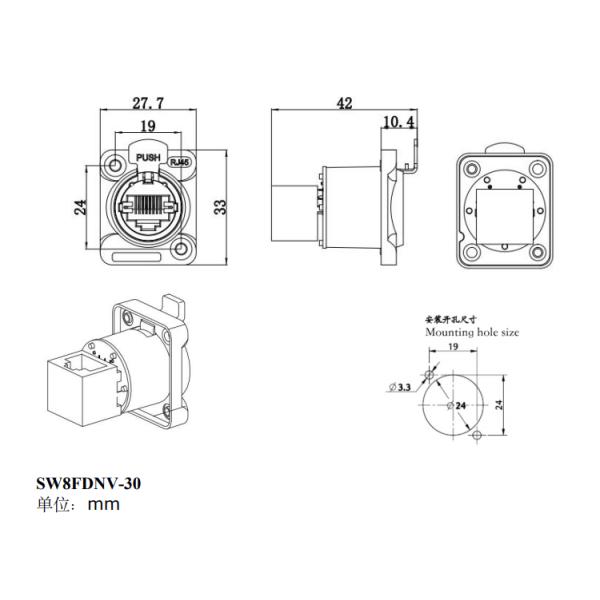Conector de chasis Ethernet RJ45 de 8 pines para uso interior IP44 PA66 Conector angular para conector de señal de aviación