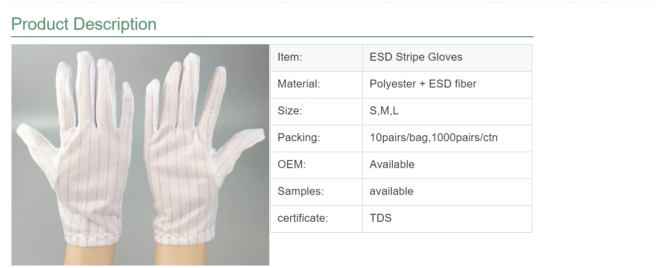 Low Cost Cleanroom Electronics Industrial Safety Lint Free White Antistatic Stripe Polyester ESD Work Gloves