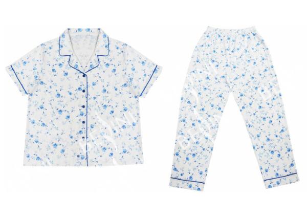 Cute Blue Floral Printed Womens Pyjama Sets / Ladies Nightwear Shorts Set For Autumn