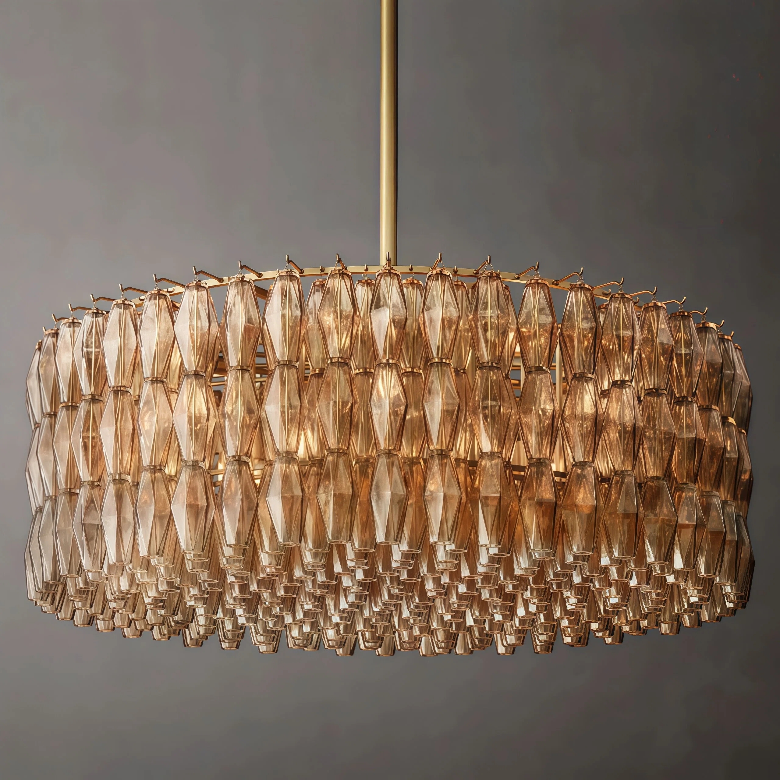 JYLIGHTING Modern Amber Glass & Gold Iron Chandelier, 4-Tier Drum Pendant Light for Dining & Living Room