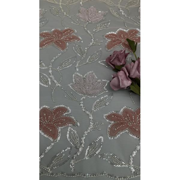 Tejido de encaje bordado floral con cuentas de poliéster de malla hueca para vestidos de noche