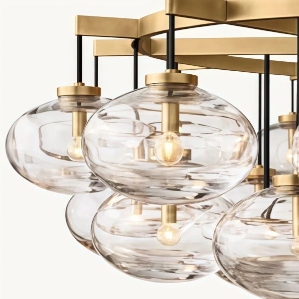 JYLIGHTING Modern Contemporary Bubble Glass Pendant Chandelier, Brushed Brass Circular Frame Hanging Lamp for Hotel Lobby & High-End Restaurant