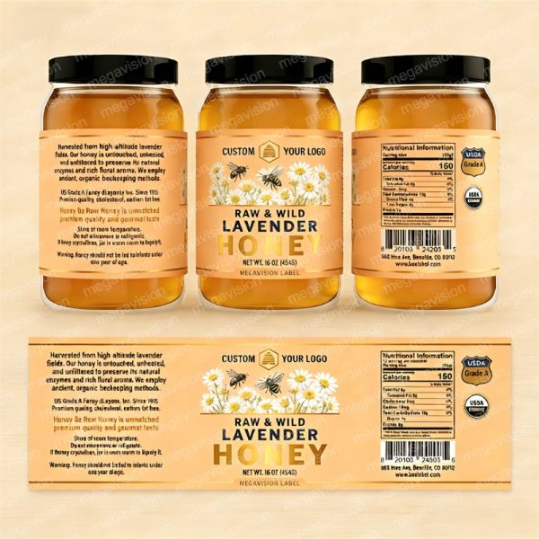 Factory Custom Adhesive Canned Food Honey Bottle Jar Waterproof Stickers Labels Gold Foil Product Packaging Labels