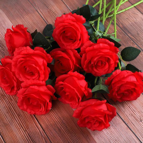 Simulated rose bouquet, silk flower, plastic flower, fake flower, single branch living room decoration, dried flower, dining table decoration, wedding red flower art