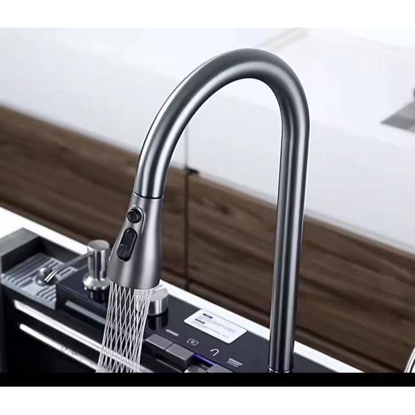 Smart Digital Display Grey Stainless Steel Pull Out Waterfall Faucet for Multifunctional Sink