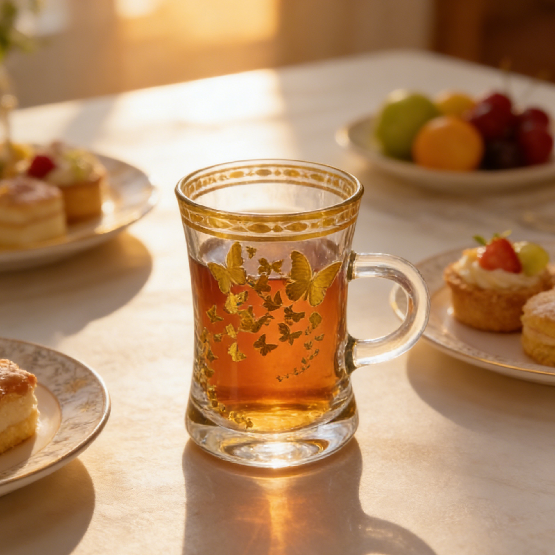 Six Decorative Glass Cups set featuring food grade glass and gold rim perfect for serving espresso coffee fine teas and social events
