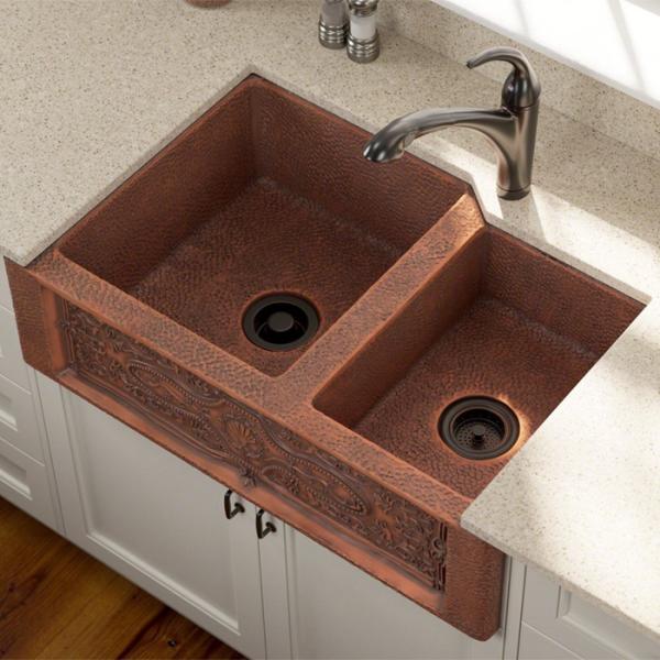 Farmhouse Copper Kitchen Bathroom Sinks One Bowl Embossed Scroll Design