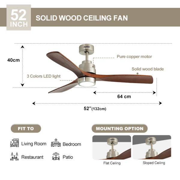 110-240V/50Hz-60Hz Voltagem de entrada V Ventilador de teto LED com corpo metálico e lâminas de madeira maciça