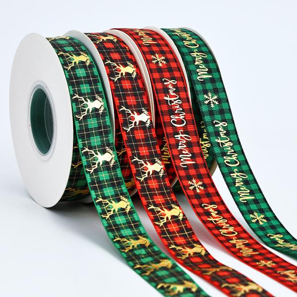 2.5cm x 25m Christmas Hot Stamping Checkered Ribbon Perfect for Gift Box Decoration