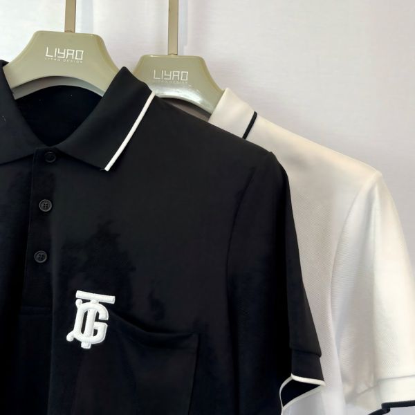 Men's Logo - Embroidered Polo Shirt | Black with White Trim Chest Pocket & Monogram Trendy Design Pique Men's Polo Shirt