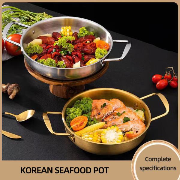 High Quality Silver Stainless Steel Cooker Flat Bottom Cooking Fry Pot Mini Seafood Pot Paella Pans