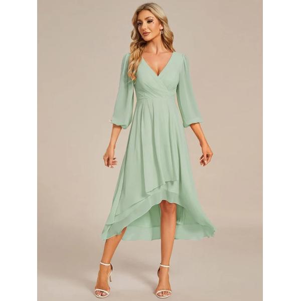 Elegant Empire Long Sleeve V-neck High Low A-line Ruffled Midi Mint Green Chiffon Wedding Guest Evening Dress