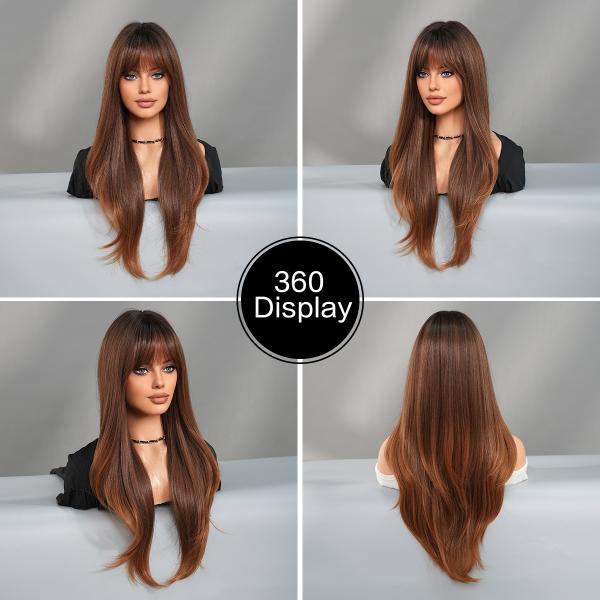 Fashion Long Body Wave Dark Root Hair Brown Synthetic Wigs For Women