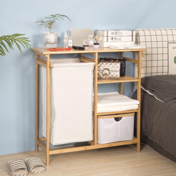 High Quality BamBoo Wood Laundry Hamper Basket Table With Sliding Bag Storage Rack