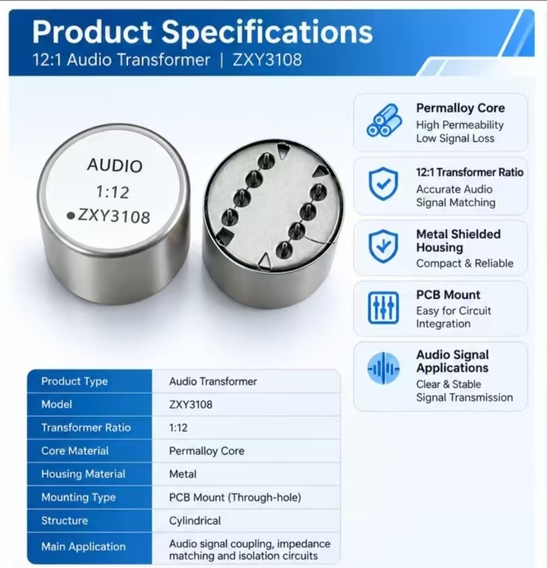 12:1 Turns Ratio Audio Transformer with Permalloy Core for Professional Audio Signal Processing