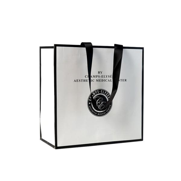 White Black Ribbon Custom Logo Printed Bags , Personalized Shopping Bags For Business