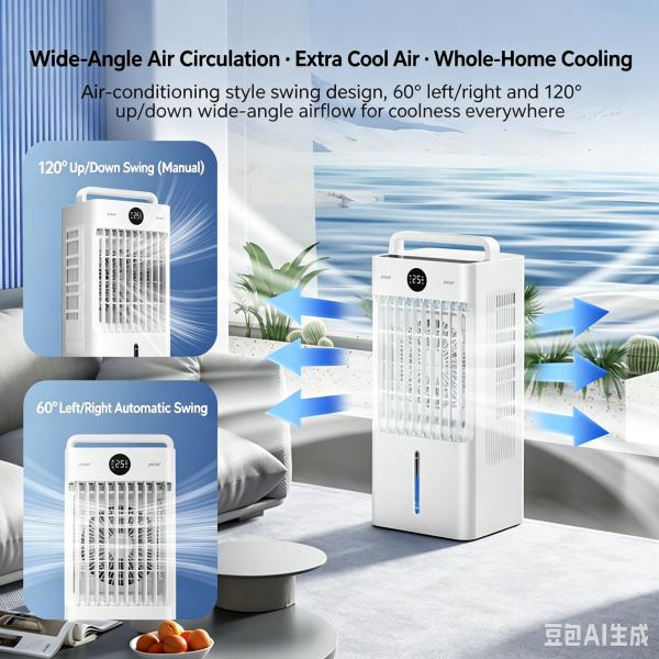 45W Energy Saving Air Conditioner Fan, Wide Angle Swing Quiet Cool Humidifier Fan
