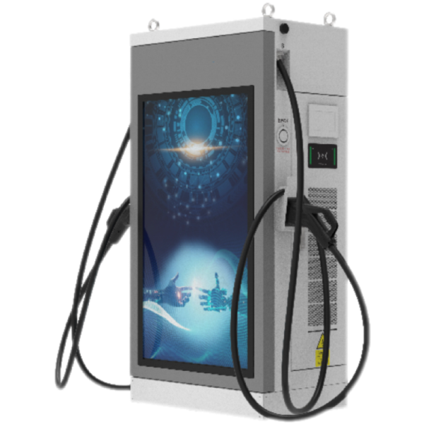 60KW DC fast charger, equipped with dual connectors and IP54 protection, features a 7-inch high-brightness color touchscreen, making it ideal for electric vehicle charging stations.