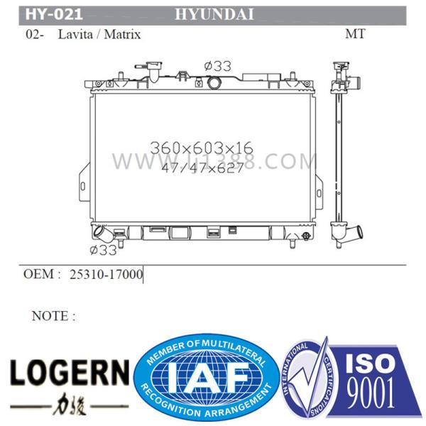 Tube Fin Core Hyundai Car Radiator For Hyundai 02- Lavita / Matrix