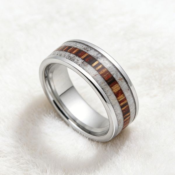8mm Tungsten Ring with Celtic Deer Inlay and Deer Antler Wedding Band for Men and Women