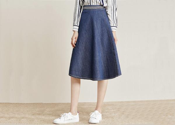 Indigo Denim Ladies Skirt Dress Beltd High Waist Knee Length Skirt Wide Hem