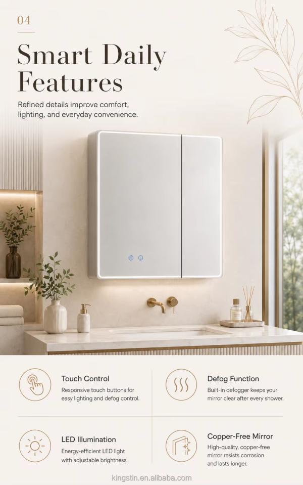 Kingstin Customizable Aluminum LED Mirror Cabinet with 3 Color Lighting and Interior Storage for Modern Bathrooms | 8+ Years