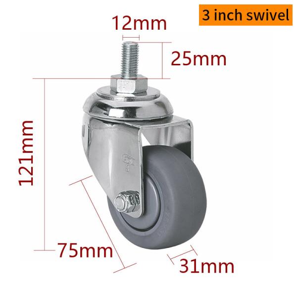 TPE 3 Inch Metal Casters Chrome Coating 75mm Swivel Castors With Brakes