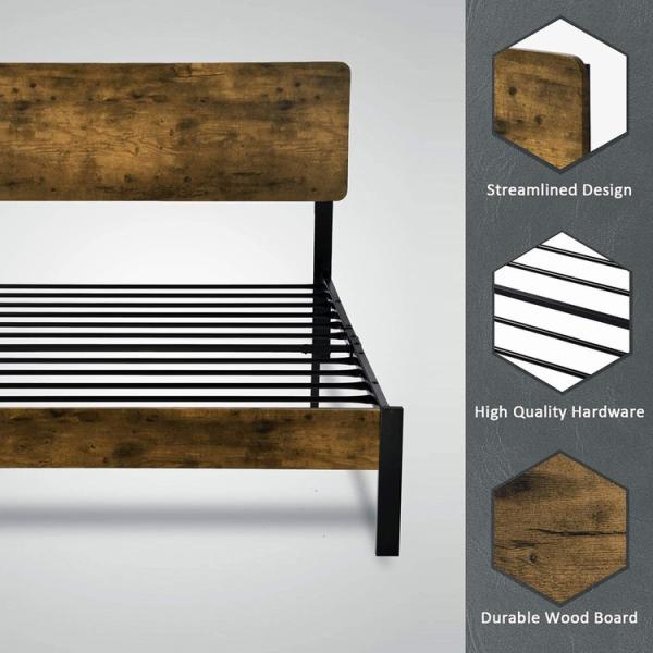 Platform Twin Metal Bed Frame With Wood Headboard And iron Slats