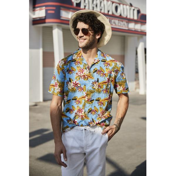 52% Linen Summer Button Up Shirts Mens Short Sleeve Hawaiian Casual Floral Shirts