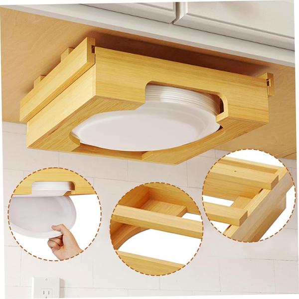 Waterproof Bamboo Small Kitchen Shelf Storage Paper Plate Dispenser Holder 10 Inch